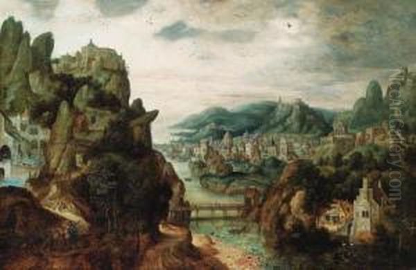 A Panoramic Mountain Landscape, 
With An Extensive Town By A River,christ With Cleopas And Peter On The 
Way To Emmaus In Theforeground, And The Subsequent Supper Taking Place 
In A Gothicbuilding Beyond Oil Painting by Herri met de Bles