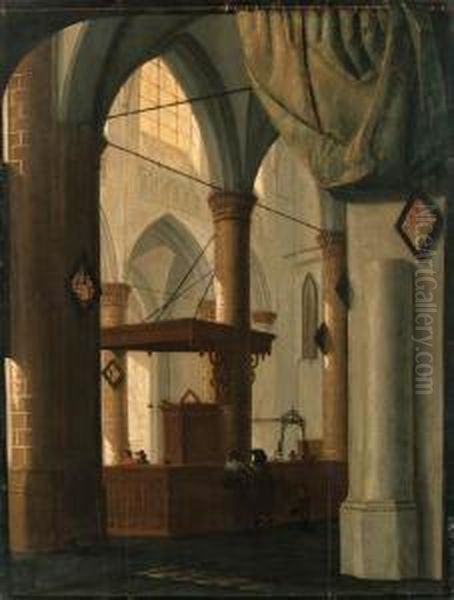 The Interior Of A Gothic Church 
With An Elegant Couple, A Trompe-l'oeil Curtain Above Set Against A 
Feigned Black Frame Oil Painting by Daniel de Blieck