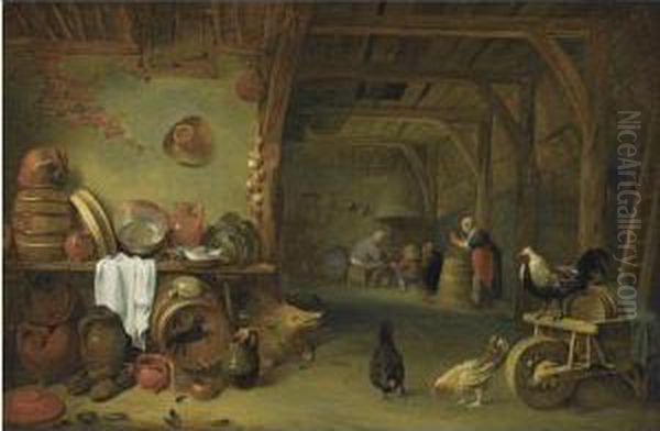 A Barn Interior With A Still 
Life Of Fish On A Plate, A Cabbage,earthenware And Copper Pots And Pans 
And Other Kitchen Utensils,together With A Boar And Three Chickens, A 
Group Of Peasants In Thebackground Oil Painting by Pieter de Bloot