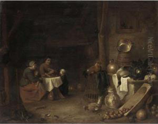 A Barn Interior With A Still 
Life Of Kitchen Utensils And A Peasant Family Seated Round A Table Oil Painting by Pieter de Bloot