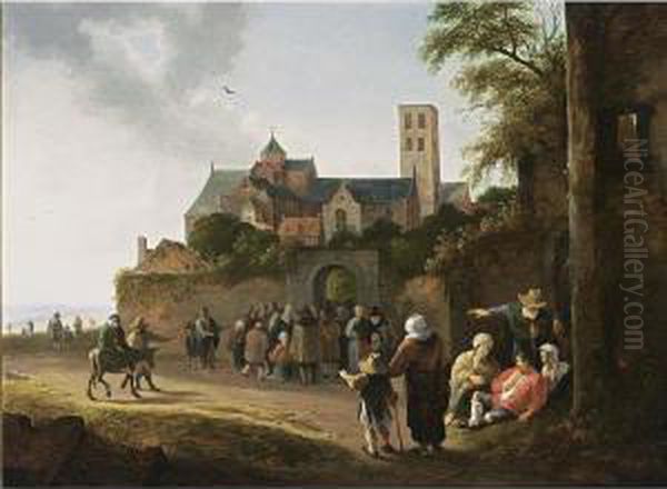 Utrecht: The Mariakerk With 
Travellers, Pilgrims And Beggars Outside The City Walls Going To The 
Church Oil Painting by Pieter de Bloot