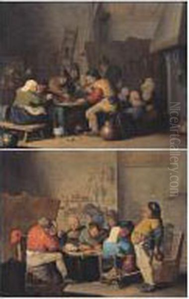 Tavern Interior With Boors Carousing And Eating Mussels;
 Interior With Boors Feasting Oil Painting by Pieter de Bloot