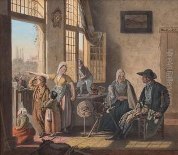 Stubeninterieur Mit Familie Am Fenster Oil Painting by Henri De Braeckeleer