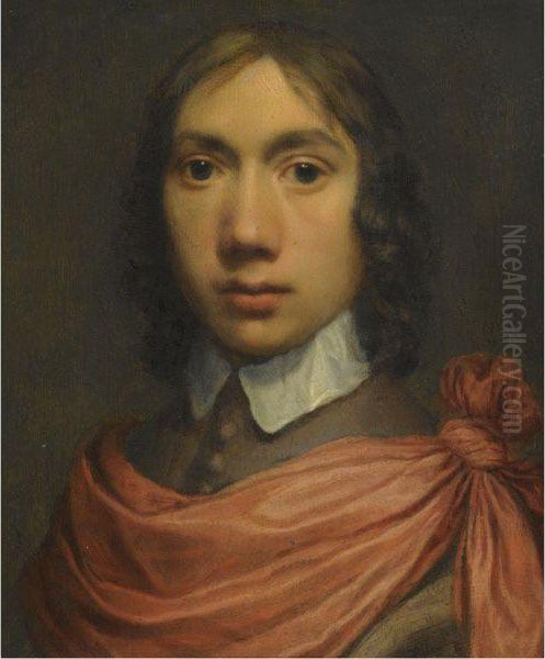 Portrait Of A Young Man, Head 
And Shoulders In A Brown Coat With Awhite Collar And A Red Sash Oil Painting by Jan De Bray