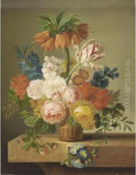 A Still Life With Roses, Tulips,
 Morning Glory And Various Other Flowers In A Vase On A Ledge Oil Painting by Cornelis Johannes De Bruyn