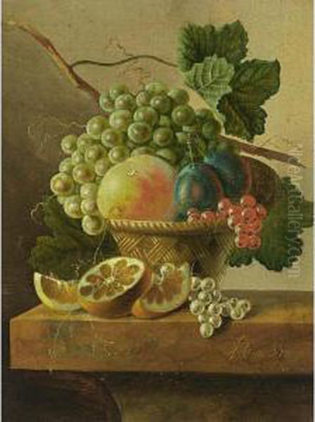 A Still Life Of Grapes, A Peach,
 Prunes And Red Currants In A Basket, Together With An Orange And White 
Currants On A Marble Ledge Oil Painting by Cornelis Johannes De Bruyn