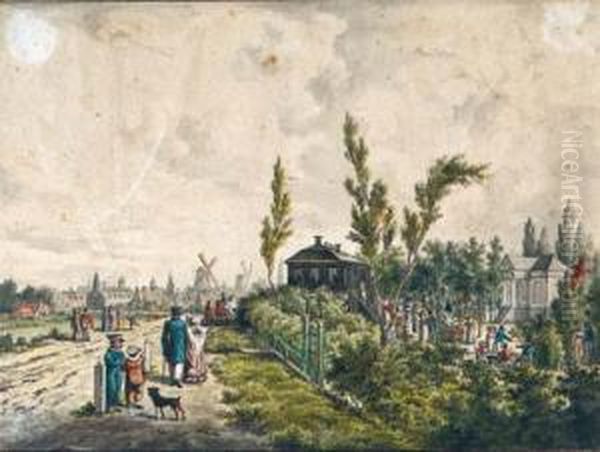 A View Of The Hogedijk With 
Elegant Company Near The Pleasuregardens At Tivoli, The Haarlemmerpoort 
And Amsterdam Beyond Oil Painting by Cornelis Johannes De Bruyn