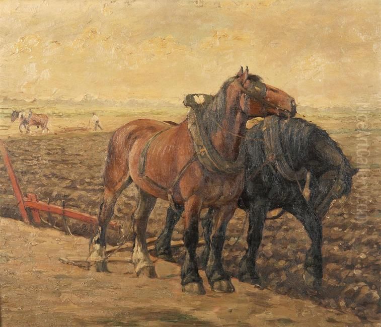 Two Farm Horses At The Field Oil Painting by Constant De Busschere