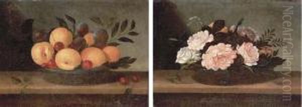 Peaches, Cherries And Plums In A
 Glass Platter On A Wooden Ledge;and Peonies, Roses And Daisies In A 
Glass Bowl On A Woodenledge Oil Painting by Pedro de Camprobin