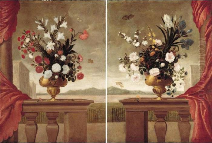 Still Lifes Of Lilies, Roses, 
Irises, Morning Glory And Carnations, Arranged In Gilt Vases, Upon A 
Stone Balustrade Draped With A Red Curtain, Surrounded By Butterflies, 
With A View Overlooking The Grounds Of A Palace Oil Painting by Pedro de Camprobin