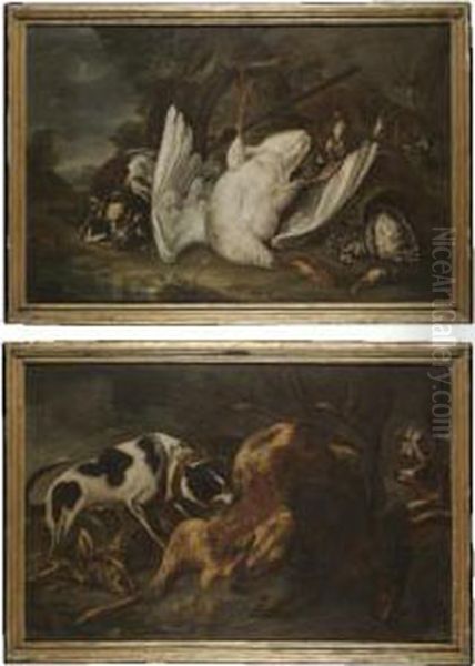 A Landscape With Hounds Together
 With A Still Life With A Goose, Mallard Drake And Songbirds Oil Painting by Baldassare De Caro
