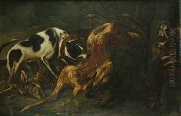 A Hunt Still Life Of A Dead 
Goose, Duck, Partridge And Song Birds With A Dog, Basket And A Rifle; 
And Hounds Attacking A Dead Deer In A Wooded Clearing Oil Painting by Baldassare De Caro