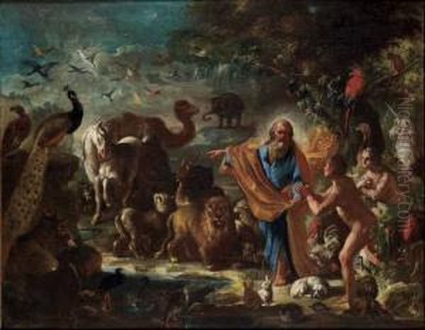 Dio Mostra Ad Adamo Ed Eva Gli Animali Nel Paradiso Terrestre Oil Painting by Lorenzo De Caro