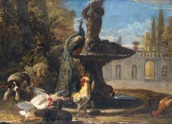 Rabbits With Cockerels And A 
Parrot In A Parklandscape; And A Dog Startling Cockerels Before A 
Fountain With Apeacock Oil Painting by David de Coninck