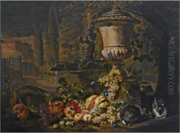 A Still Life Of Fruit, Including
 A Melon, Open Pomegranates And Grapes, An Ornamental Urn And Two 
Rabbits Near A Fountain In A Formal Garden Oil Painting by David de Coninck
