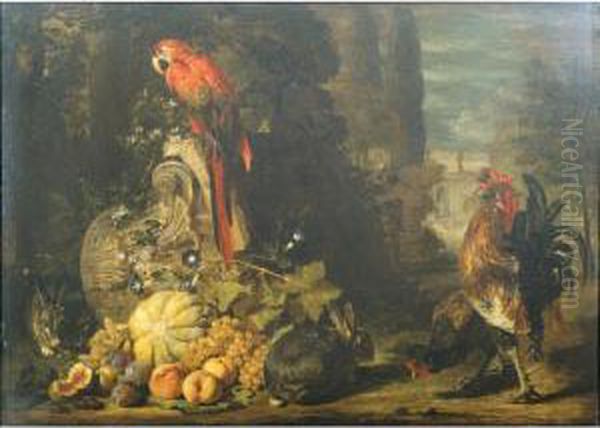 Still Life Of A Melon, Peaches, 
Grapes And Plums, Together With Rabbits, A Parrot, Cockerel And Hen, 
Gathered Around An Over-turned Corinthian Column Capital, A Parkland 
Setting Beyond Oil Painting by David de Coninck