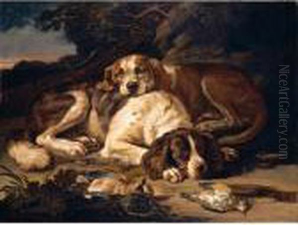 Still Life With Two Spaniels, 
Together With Nightingales, A Jay, And A Musket, In A Landscape Oil Painting by David de Coninck