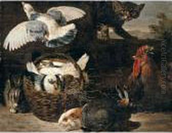 A Still Life Of Pigeons, 
Rabbits, A Cat, A Chicken And A Guinea Pig In A Farmyard Setting Oil Painting by David de Coninck