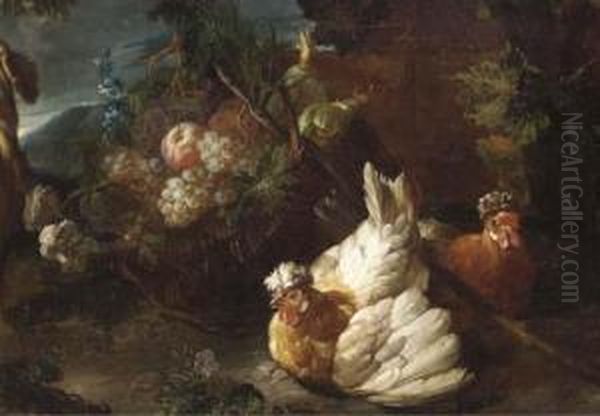 Two Hens By A Basket Of Fruit In
 A Landscape; And Two Turkeys By Avase Of Flowers In A Landscape Oil Painting by David de Coninck