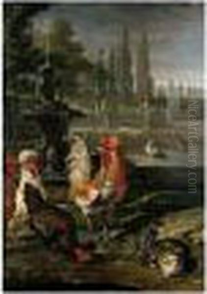 The Grounds Of A Villa With 
Bantams, A Rabbit, Guinea Pig And Duck, Beside A Classical Fountain Oil Painting by David de Coninck