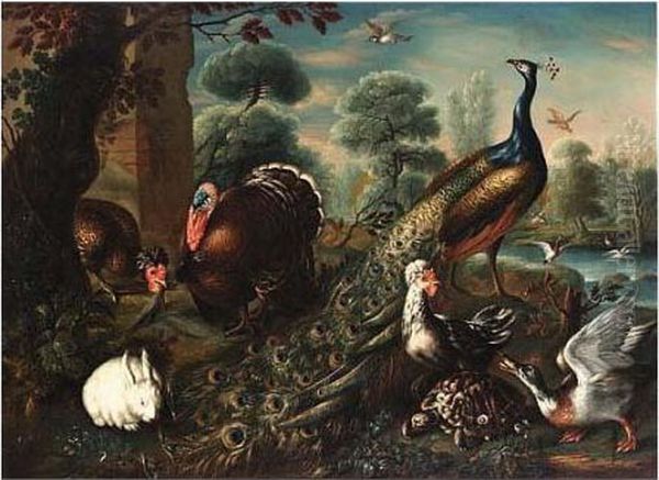 A Peacock, A Turkey, Hens, A 
Duck, A Turtle, A Rabbit And Birds, With Ducks In A Pool In The 
Background, All In A Park Landscape Oil Painting by David de Coninck