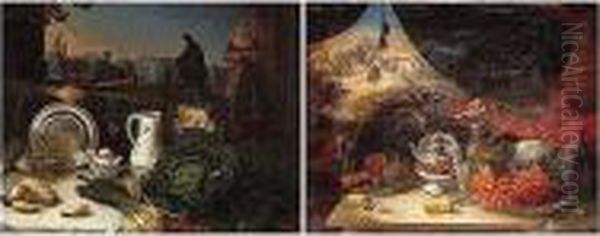 Still Lifes Of Tables Laden With
 Vegetables, Porcelain, Silver And Glassware, With Maidservants 
Preparing Food, Landscape Views Beyond Oil Painting by Pierre-Louis-Joseph de Coninck