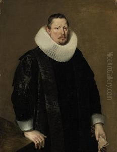 Portrait Of A Gentleman, 
Three-quater-length, In A Black Coat With A White Ruff, Holding Gloves, 
Beside A Table Oil Painting by Gaspar De Crayer