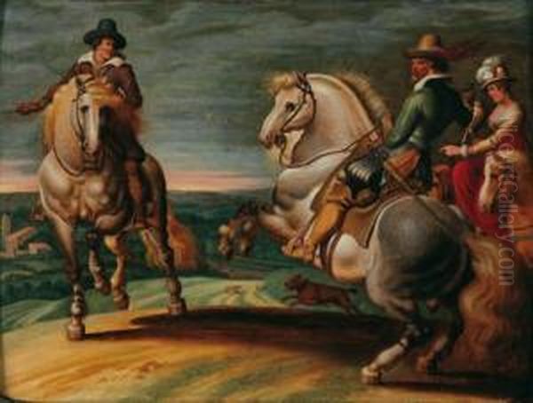 A Paesaggio Con Tre Cavalieri Oil Painting by Gaspar De Crayer