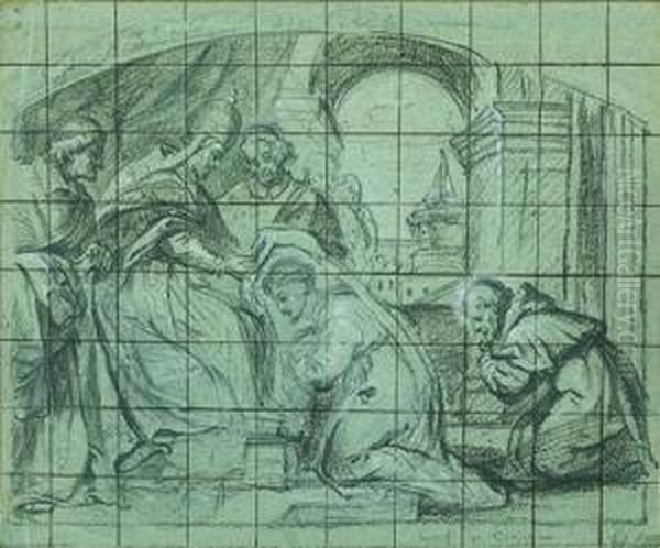 Deux Moines Agenouilles Devant Un Pape Oil Painting by Gaspar De Crayer