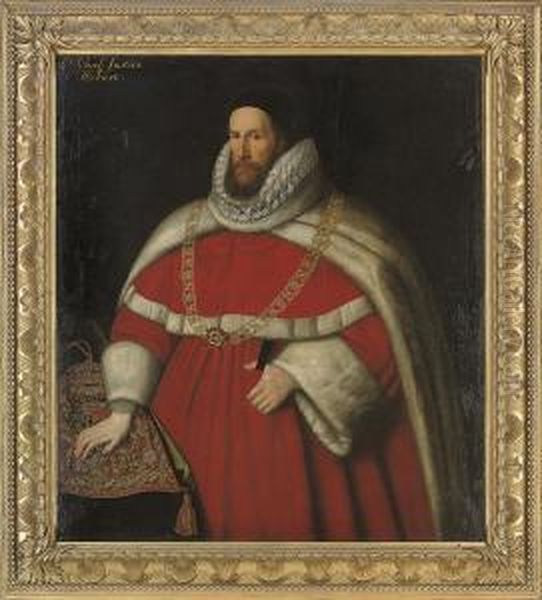 Portrait Of Sir Henry Hobart, 
1st Bt. (c. 1560-1625), Lord Chiefjustice, Of Blickling Hall, 
Three-quarter-length, In A Red Robe,white Fur Cloak, And Black 
Scull-cap, Wearing The Pendant Of Thetudor Rose, His Right Hand Resting 
On The Purse Of The  Oil Painting by John de Critz