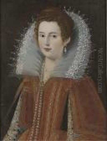 Portrait Of A Lady, 
Quarter-length, In A Red Dress With Embrioderedsleaves, A Pearl Necklace
 And A Lace Ruff Oil Painting by John de Critz