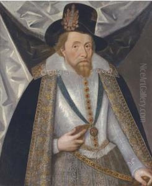 Portrait Of King James I, 
Half-length, Wearing A White Doublet, Ablack Hat And A Lined Black Cloak Oil Painting by John de Critz