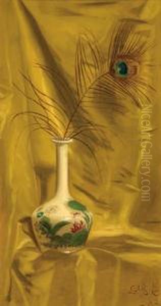 Peacock Feather In A Vase Oil Painting by De Scott Evans