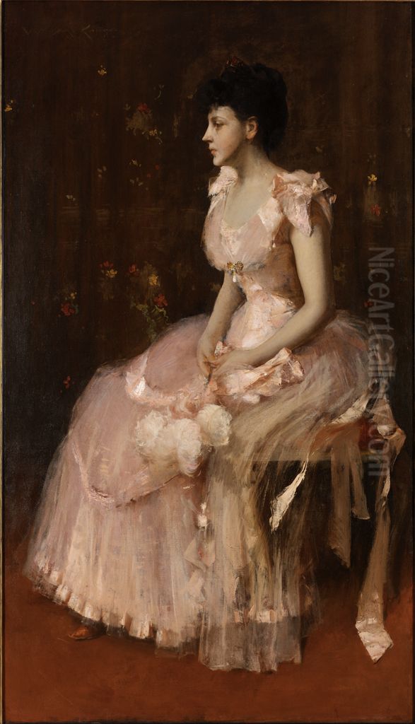 Portrait Of A Lady In Pink Oil Painting by William Merritt Chase