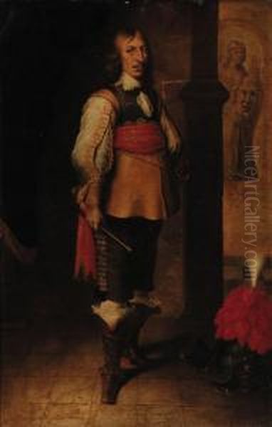 Portrait Of An Officer, Standing
 Small-full-length, In A Buffjekin, Breast Plate And A Red Embroidered 
Sash, Holding A Baton, Aplumed Helmet At His Feet Oil Painting by Wybrand Simonsz. de Geest
