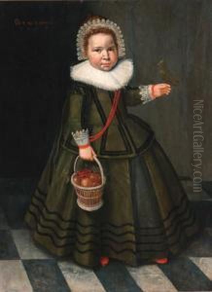 Portrait Of A Young Girl, 
Standing Full-length, In A Grey Dresswith A Ruff And A Lace Headdress, 
Holding A Basket Of Fruit With Abird Perched On Her Hand Oil Painting by Wybrand Simonsz. de Geest