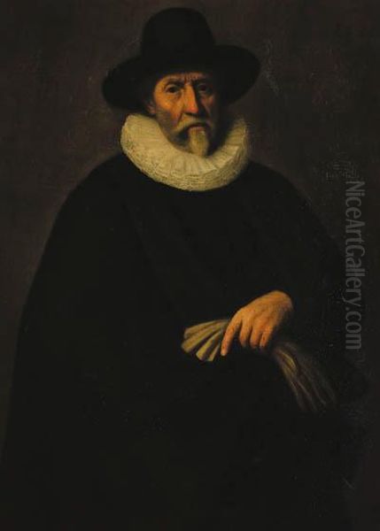 Portrait Of A Gentleman, 
Three-quarter-length, In Black Costumewith A Ruff Holding A Glove; And 
Portrait Of A Lady,three-quarter-length, In A Black Dress Holding A 
Prayer Book Oil Painting by Wybrand Simonsz. de Geest