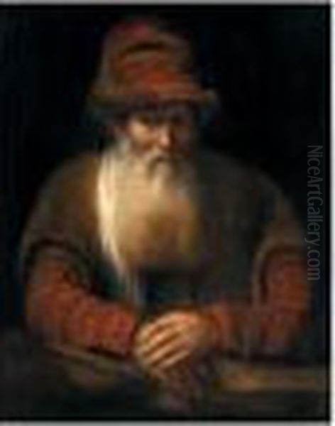Portrait Of An Old Bearded Man, 
Half-length, Wearing A Red Hat And A Brown Coat, Resting On A Ledge Oil Painting by Aert De Gelder