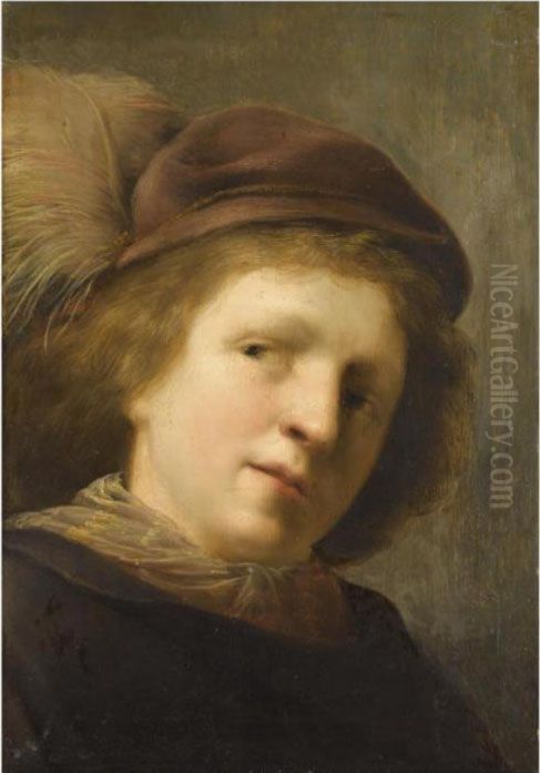 Portrait Of A Young Boy, Head 
And Shoulders, With His Head Cockedto The Left And Wearing A Plumed Hat Oil Painting by Pieter de Grebber