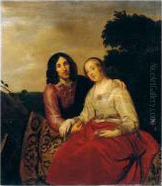 A Marriage Portrait, With A Lady
 And Gentleman Seated On A Carpet Draped At The Base Of A Tree, Within A
 Landscape Setting Oil Painting by Pieter de Grebber
