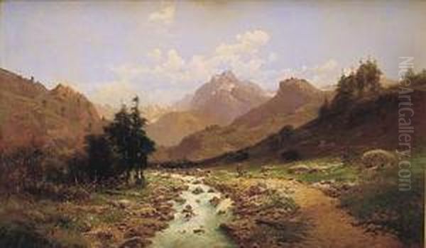 Paisaje De Alta Montana Con Rio Y Pastora Oil Painting by Carlos de Haes