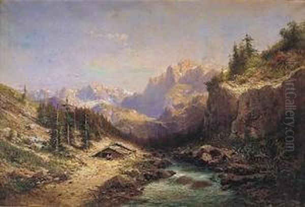 Paisaje Montanoso Con Rio Y Cabana Oil Painting by Carlos de Haes
