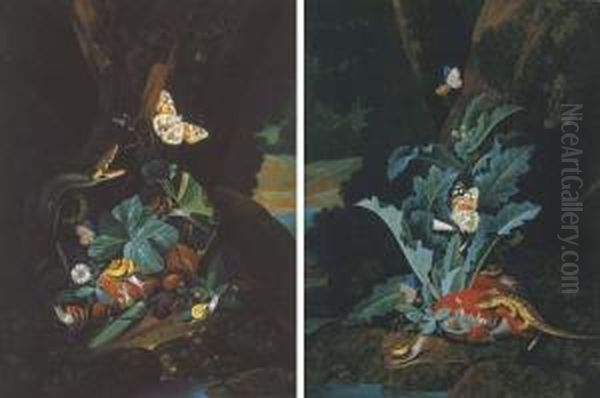 A Forest Floor Still Life With A
 Snake, Butterflies, Snails And A Grasshopper; And A Forest Floor Still 
Life With A Lizard, Butterflies And Snails Oil Painting by Carl Wilhelm de Hamilton