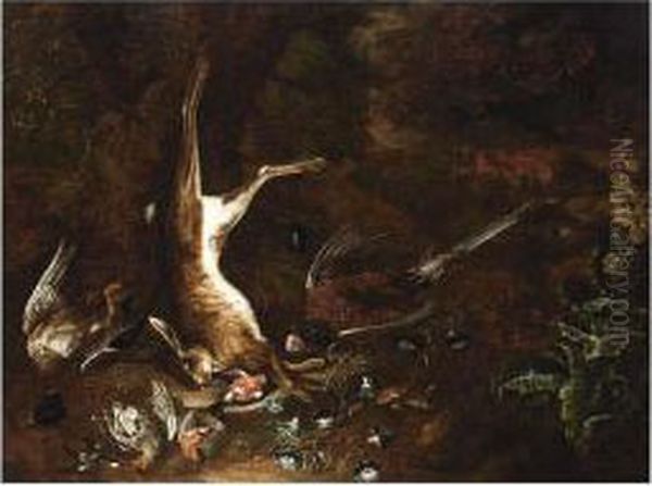 A Hunting Still Life With A 
Duck, A Hare, A Partridge, A Pheasant, Songbirds, Morning Glory And Fly
 Agarics In A Forest Oil Painting by Johann Georg Hamilton