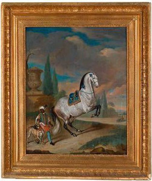 Einapfelschimmelhengst Aus Dem 
Habsburgisch-kaiserlichen Gestut Inlipizza In Der Levade In Einer Weiten
 Parklandschaft Oil Painting by Ferdinand Phillip de Hamilton