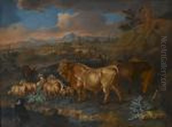 A Landscape With Bulls, Sheep 
And Goats Grazing, A Shepherd And His Flock In The Distance Oil Painting by Ferdinand Phillip de Hamilton