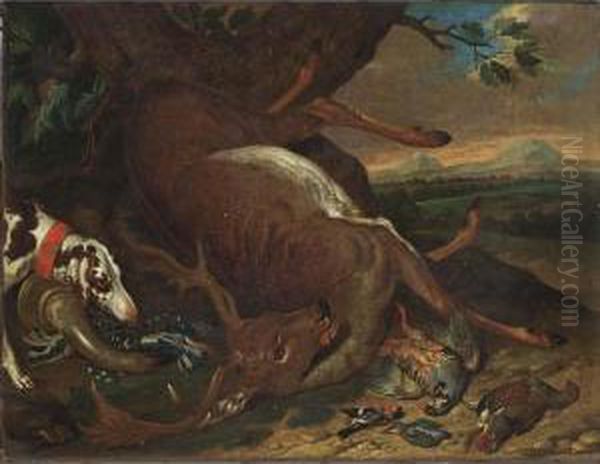 A Hunting Still Life Of A Stag, A
 Partridge, A Pheasant, A Kingfisher And A Bullfinch, Together With A 
Sporting-dog And A Hunting Horn, All In A Landscape Setting Oil Painting by Ferdinand Phillip de Hamilton
