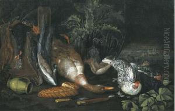 A Partridge, A Dead Duck, A 
Pitcher, Two Knives, A Loaf Of Breadand Hens, On A Forest Floor Oil Painting by Ferdinand Phillip de Hamilton