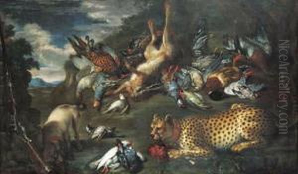 A Hunting Still Life With A Dead
 Hare, A Pheasant, A Mallard Andother Birds, With A Pointer And A 
Cheetah Oil Painting by Ferdinand Phillip de Hamilton