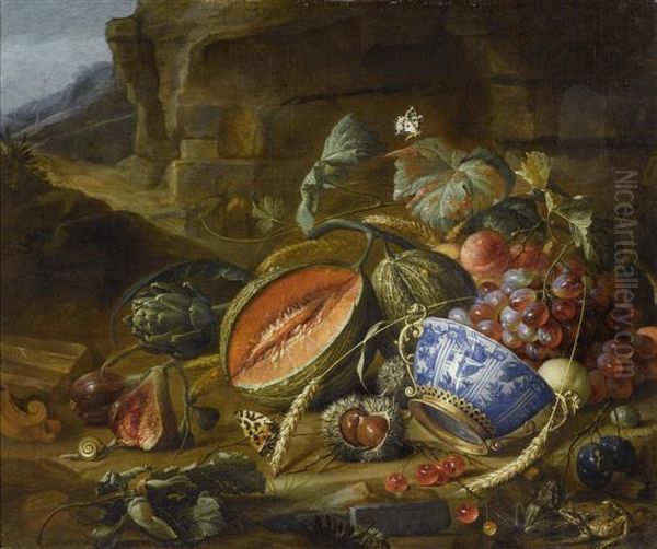 Fruit Still Life With Peaches, 
Grapes And Cherries In A Bowl With Insects And Butterflies Before A Grotto. Oil Painting by Cornelis De Heem